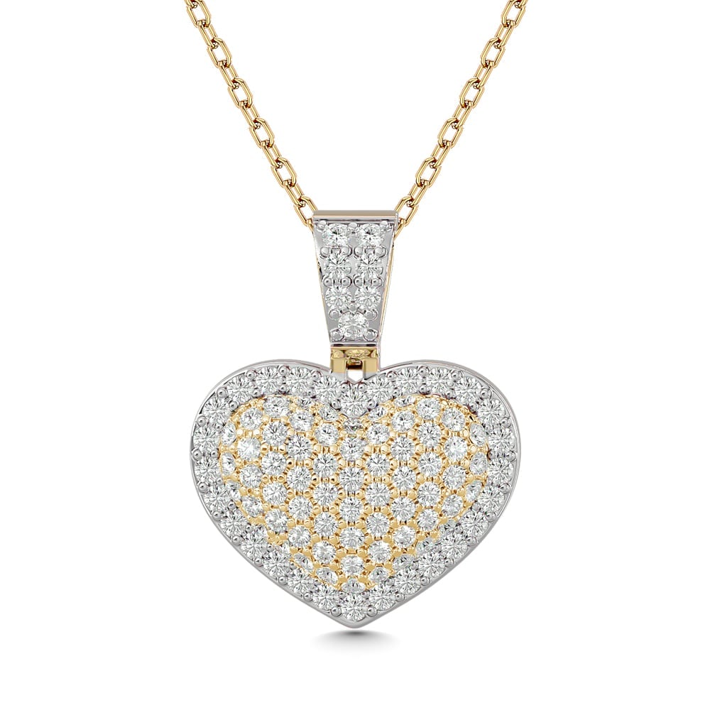 Diamond 1 1/2 Ct.tw Heart Pendant in 10K Yellow Gold With White Gold Touch: Diamond 1 1/2 Ct.tw Heart Pendant in 10K Yellow Gold With White Gold Touch Wow her with this beautiful heart pendant. Crafted in cool 10K Yellow Gold, this dazzling design features a shimmering round 