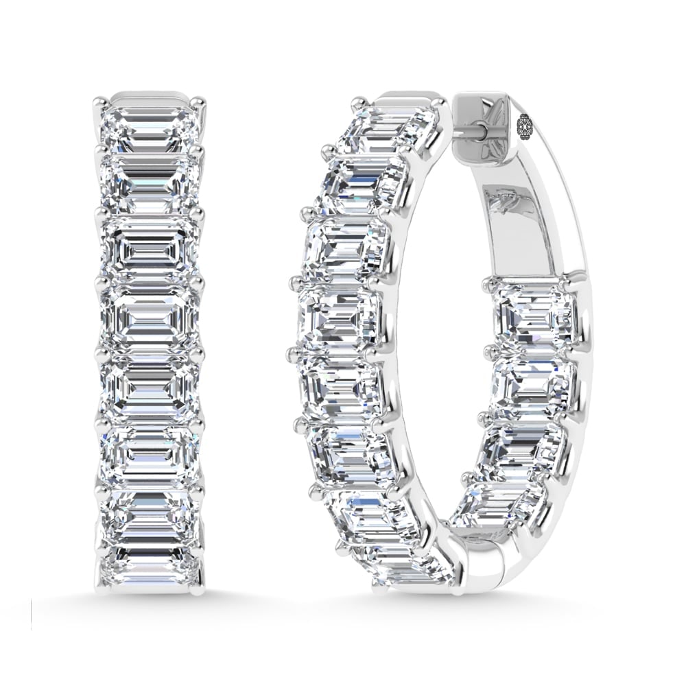 14K White Gold 6 Ct.Tw. Lab Grown Diamond Horizontal Emerald Shape In and Our Hoop Earrings: 14K White Gold 6 Ct.Tw. Lab Grown Diamond Horizontal Emerald Shape In and Our Hoop Earrings Glamorous 14K white gold hoops featuring 6 Ct.Tw. lab-grown diamonds in horizontal emerald shape. 14k White 