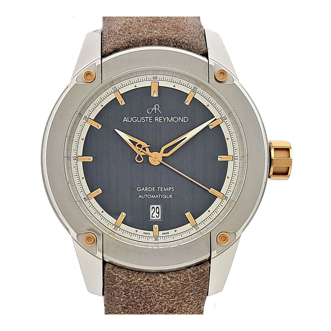 August Raymond Unity automatic stainless steel gold plated wristwatch: August Raymond Unity automatic stainless steel gold plated wristwatch This August Raymond Unity men's wristwatch features a stainless steel case with gold plating and a gray dial. It is equipped with 