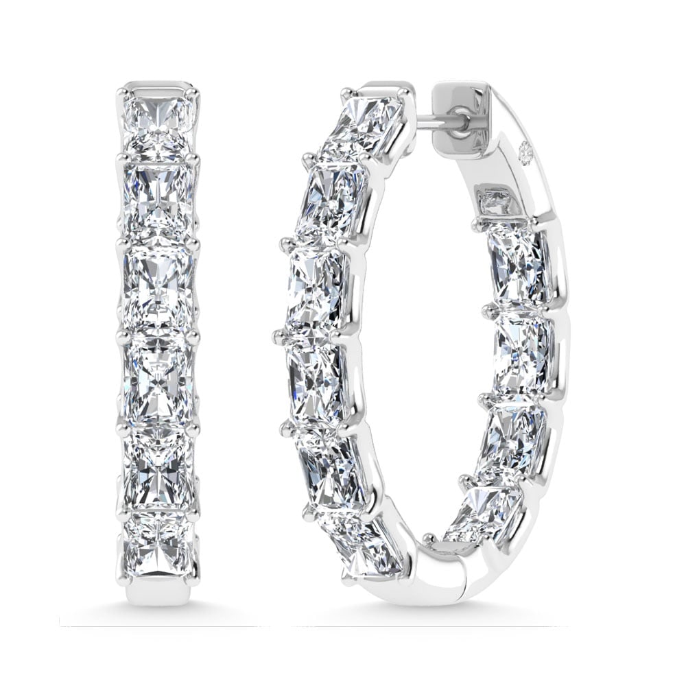 14K White Gold 8 Ct.Tw. Lab Grown Diamond In and Out Vertical Radiant Shape Hoop Earring: 14K White Gold 8 Ct.Tw. Lab Grown Diamond In and Out Vertical Radiant Shape Hoop Earring Statement 14K white gold hoops featuring 8 Ct.Tw. lab-grown diamonds in vertical radiant shape. 14k White Gold 