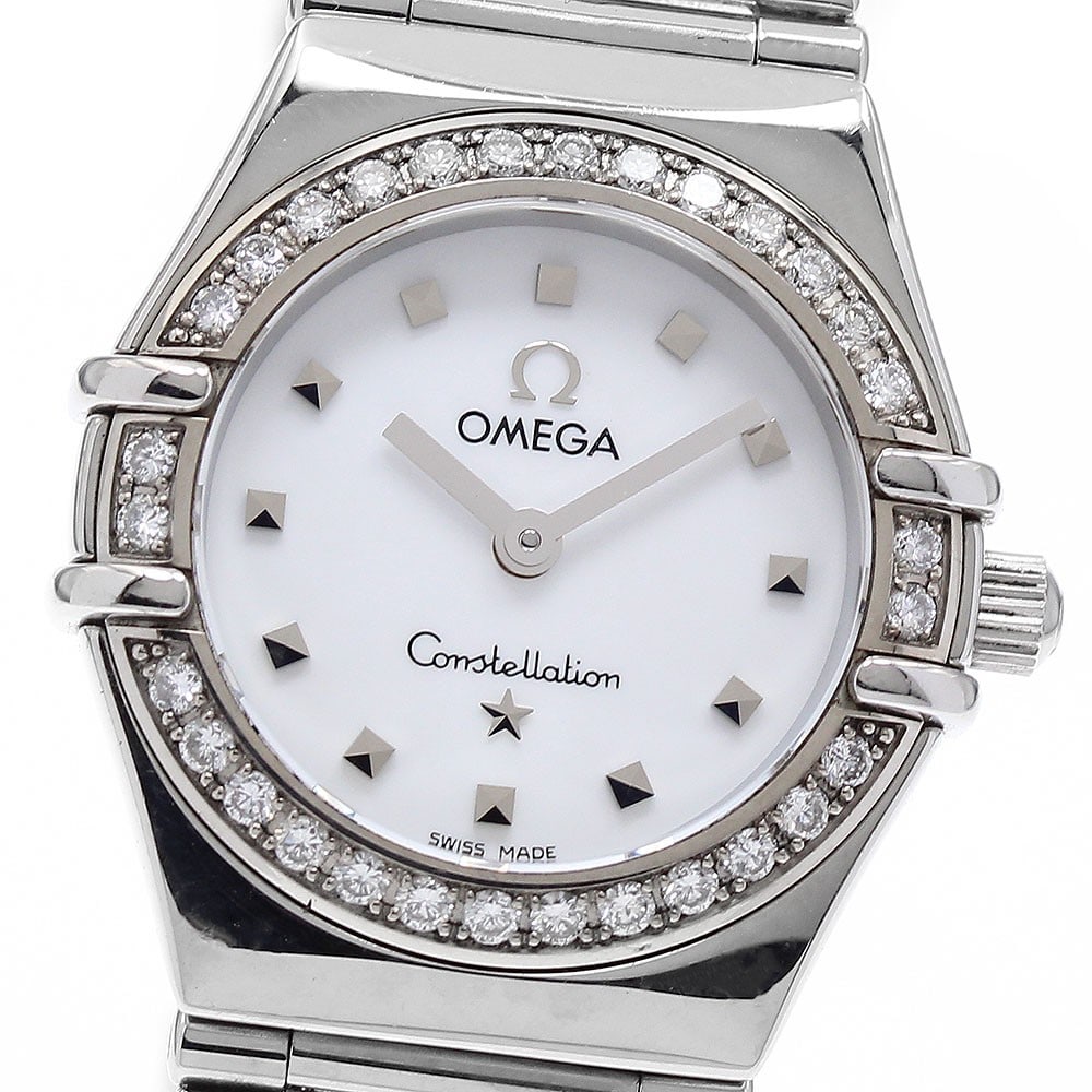 Omega Constellation quartz ladies watch diamond bezel stainless steel: Omega Constellation quartz ladies watch diamond bezel stainless steel This OMEGA Constellation women's wristwatch features a diamond bezel and a white mother-of-pearl dial, combining elegance with pre