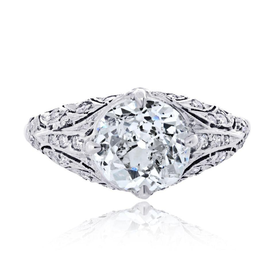 Antique 14K White Gold Engagement Ring with 2.78ct Old European Diamond: Antique 14K White Gold Engagement Ring with 2.78ct Old European Diamond This antique engagement ring features a 2.78 carat old European cut diamond, graded L color and I1 clarity, set in a finely deta