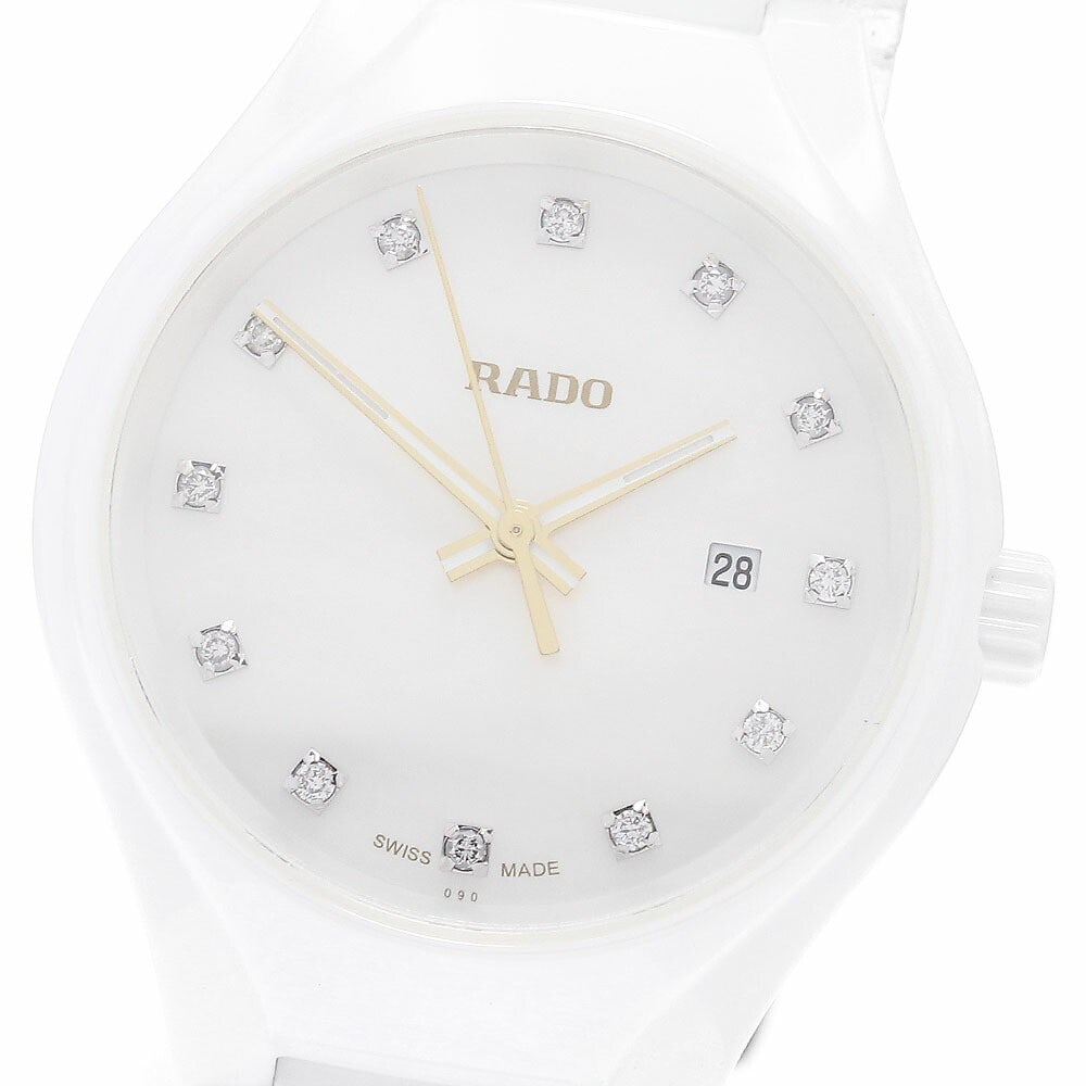 RADO True Date Quartz Womens Ceramic Titanium Watch R27061902: RADO True Date Quartz Womens Ceramic Titanium Watch R27061902 This RADO True Date Quartz women's wristwatch features a refined design with a white shell dial and date function. The case and bracelet a
