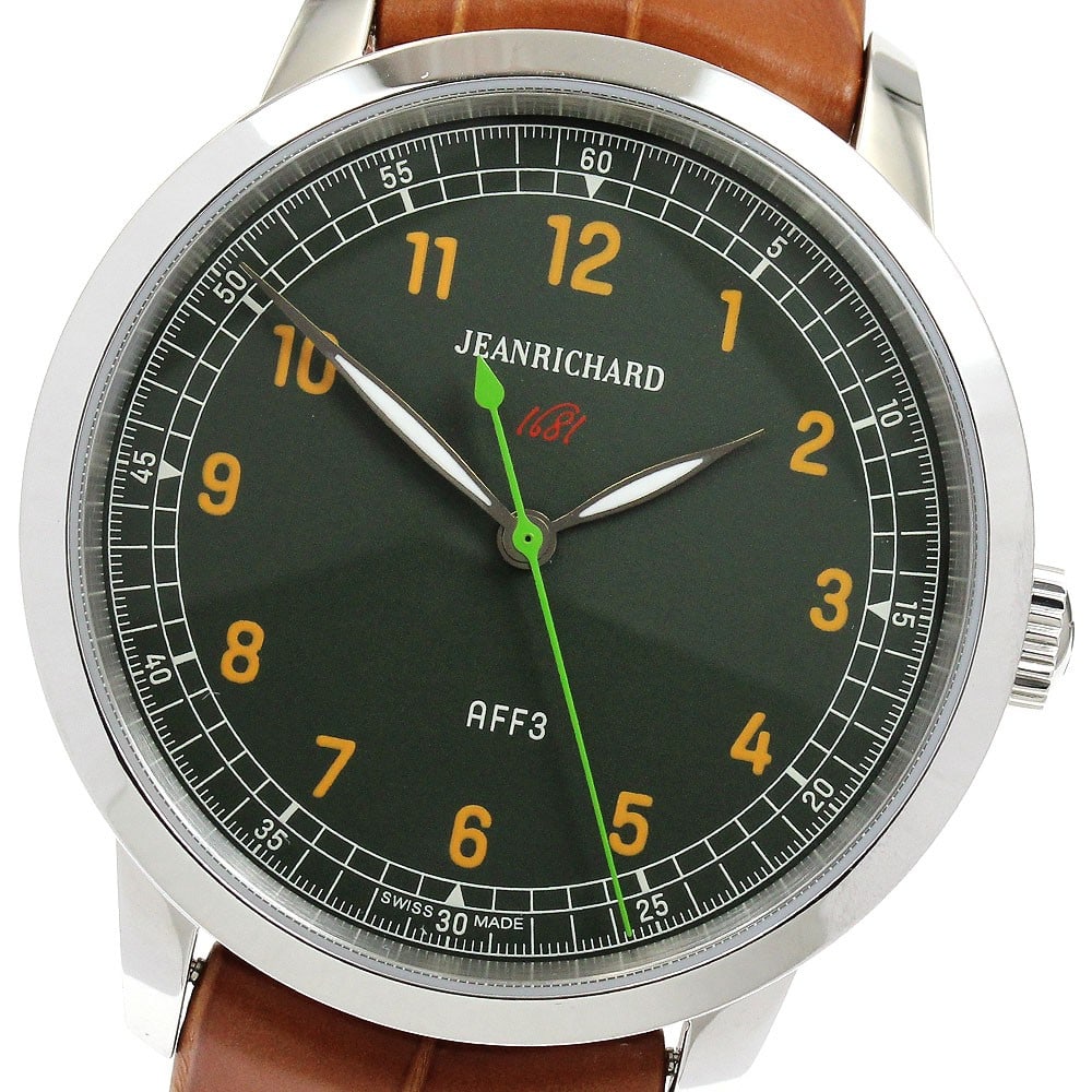 JEANRICHARD 1681 Ronde AFF3 Men's Automatic Wristwatch: JEANRICHARD 1681 Ronde AFF3 Men's Automatic Wristwatch This JEANRICHARD 1681 Ronde AFF3 men's wristwatch features a stainless steel case paired with a khaki-colored dial and a leather strap. The watch