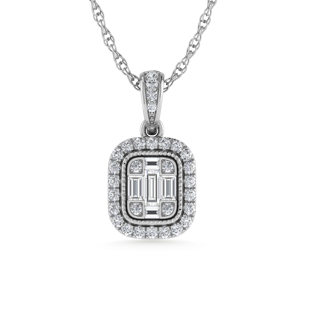 Diamond 1/4 Ct.Tw. Fashion Pendant in 14K White Gold: Diamond 1/4 Ct.Tw. Fashion Pendant in 14K White Gold 14k White Gold Stone Color: G-h Stone Clarity: Si2 / I1 Unless otherwise specified, pendants that include a chain are paired with our standard 18-i