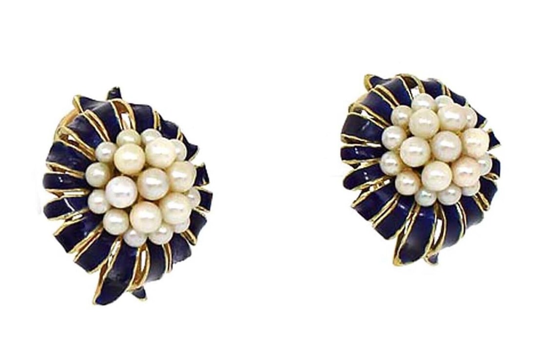 Vintage 18k Yellow Gold Pearl Cluster Clip-On Earrings Blue Enamel: Vintage 18k Yellow Gold Pearl Cluster Clip-On Earrings Blue Enamel These vintage clip-on earrings are crafted from 18k yellow gold and showcase a cluster of lustrous pearls accented by deep blue ename