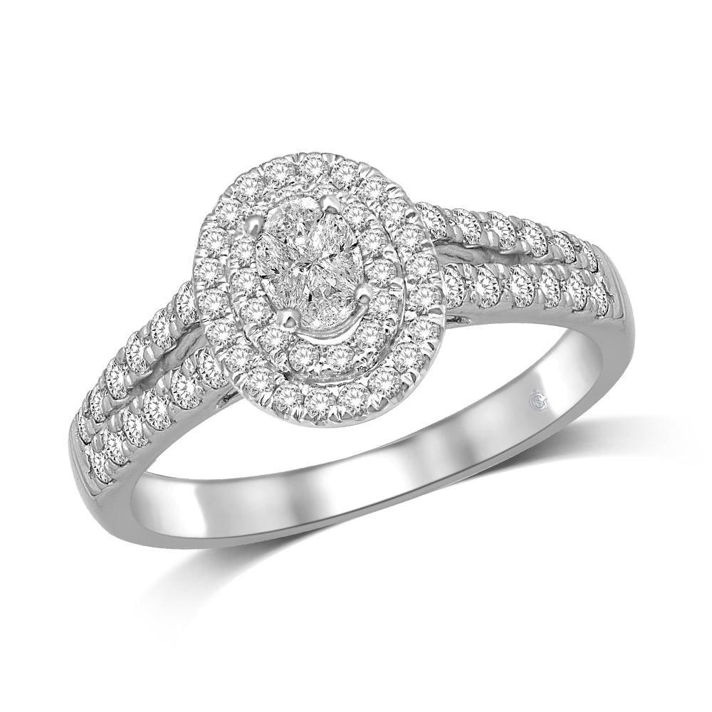 Lovecuts 14K White Gold 5/8 Ct.Tw. Diamond Engagement Ring: Lovecuts 14K White Gold 5/8 Ct.Tw. Diamond Engagement Ring Lovecuts Oval Shape Split Shank Double Halo Engagement Ring Made In 14K White Gold And Feature 5/8 Ct.Tw. Diamonds. 14k White Gold Stone Colo