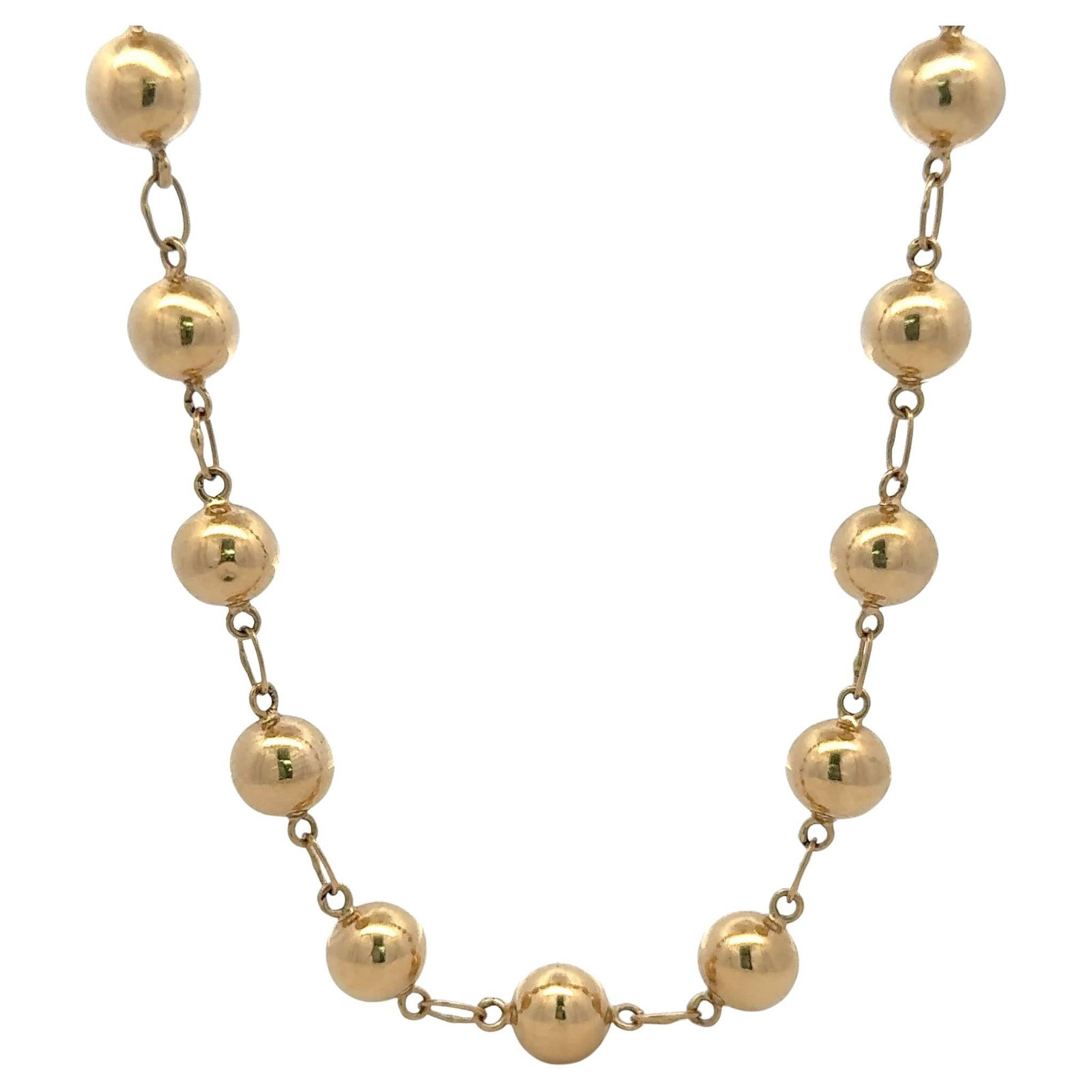 Harbor Diamonds 14K Yellow Gold Ball Motif Necklace 17in 8.84mm: Harbor Diamonds 14K Yellow Gold Ball Motif Necklace 17in 8.84mm This exquisite 14K yellow gold chain necklace showcases a contemporary design adorned with high polished ball motifs, each measuring 8.8