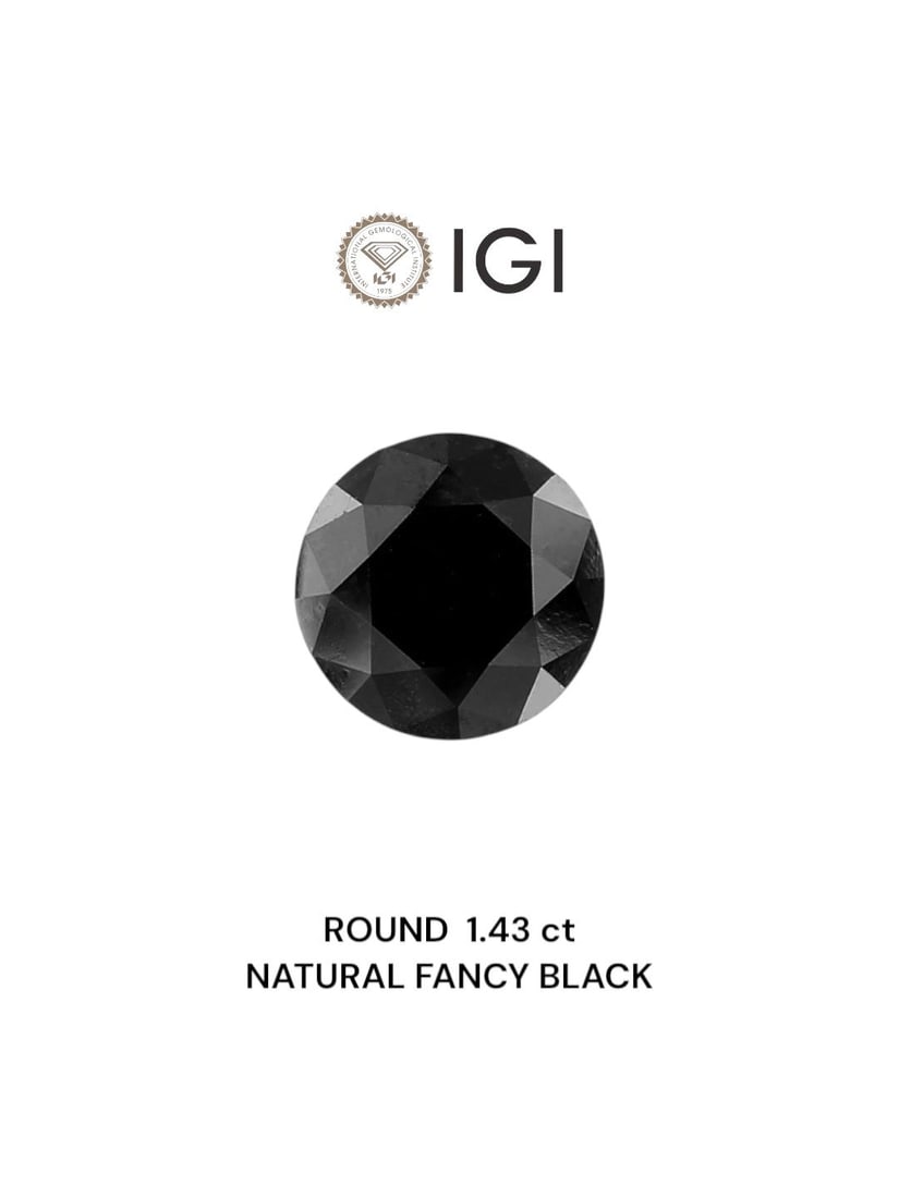 Loose Diamond - ROUND 1.43ct Fancy Black: Loose Diamond - ROUND 1.43ct Fancy Black Source: Natural Shape: ROUND Carats: 1.43 Color: Fancy Black Certification: IGI Video: