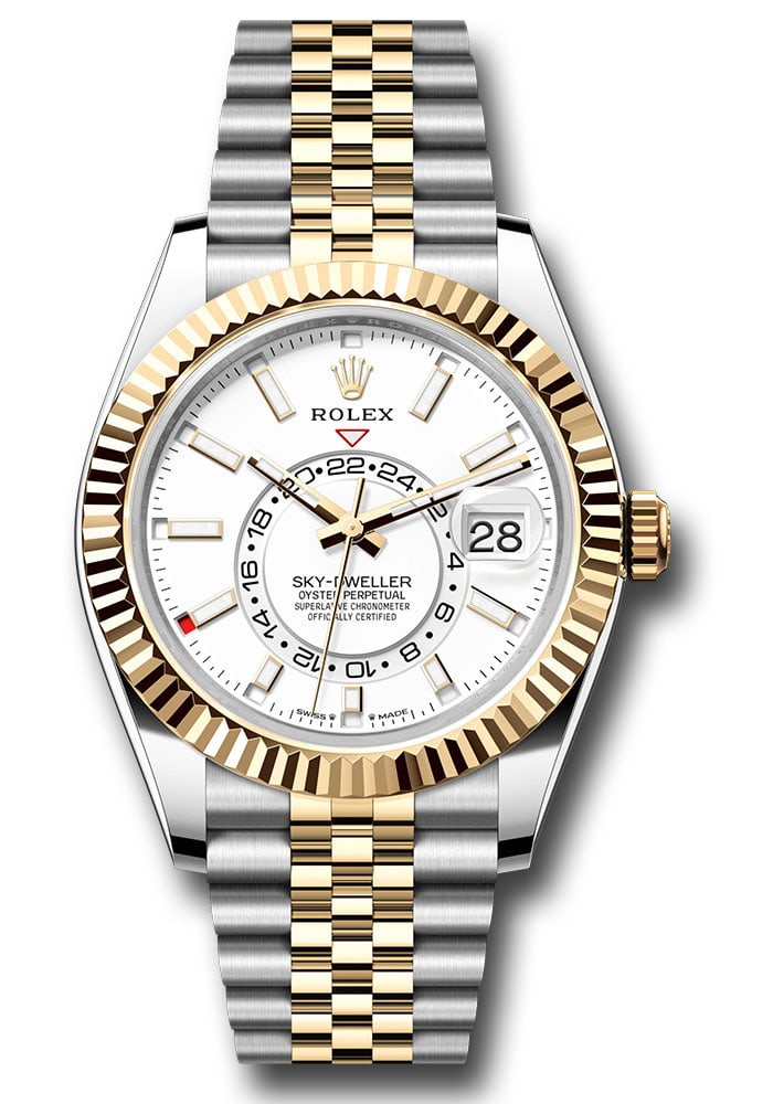 2023 SkyDweller Reference 336933 White Index Dial D Link Jubilee Card: 2023 SkyDweller Reference 336933 White Index Dial D Link Jubilee Card This Rolex Sky-Dweller features a white index dial, fluted bezel, and is equipped with a D-Link Jubilee bracelet. It is identified