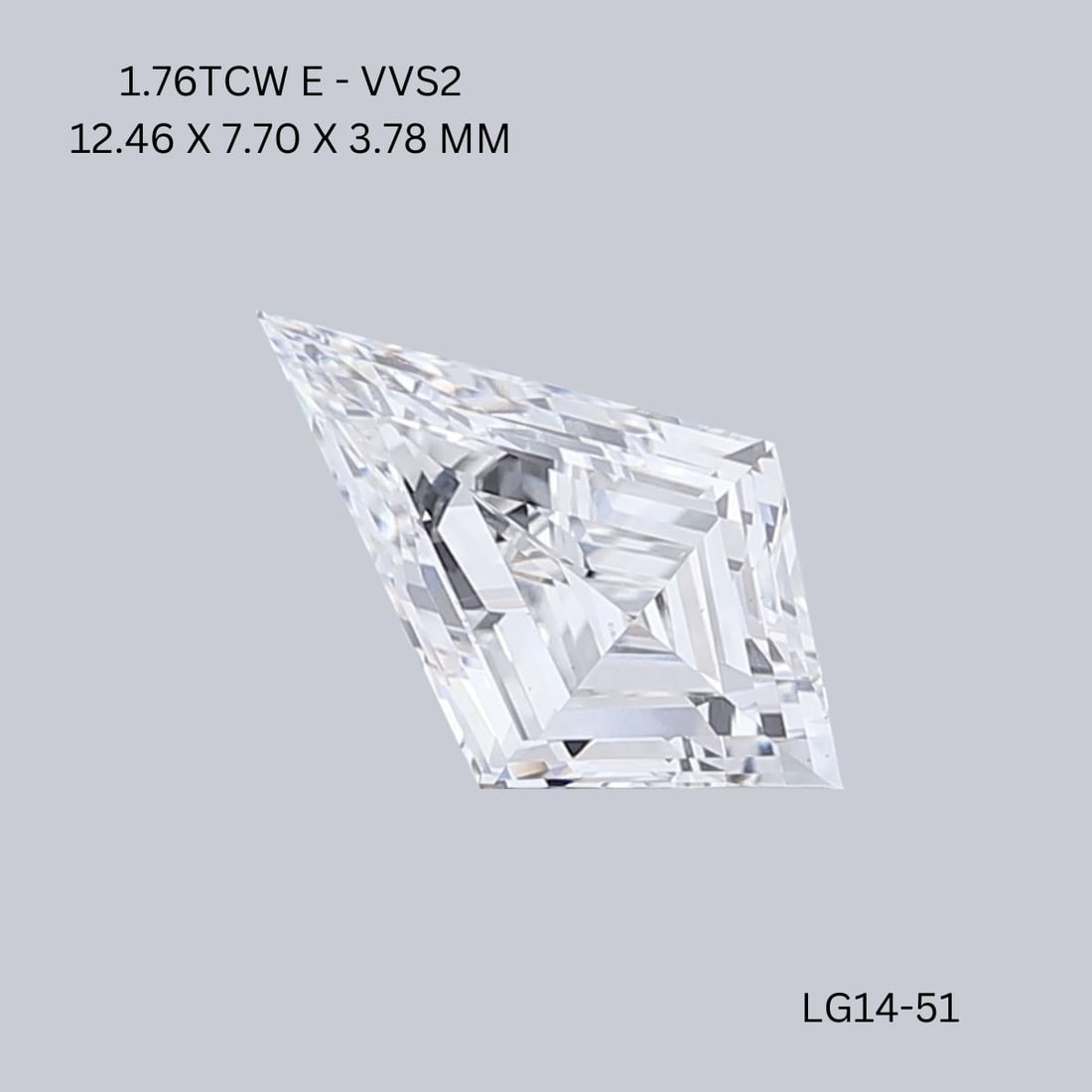 Loose Diamond - KITE 1.76ct E VVS2: Loose Diamond - KITE 1.76ct E VVS2 Source: This is a real non-mined Diamond that has been grown in a lab Shape: KITE Carats: 1.76 Color: E Clarity: VVS2 Certification: IGI Video: Video Link The