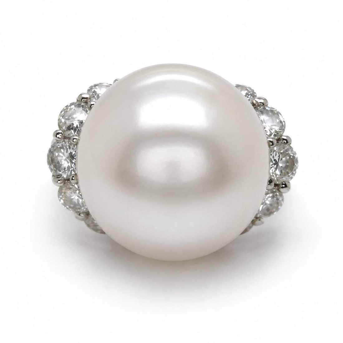 South Sea Pearl Diamond Platinum Ring 14.8mm 16 Stones: South Sea Pearl Diamond Platinum Ring 14.8mm 16 Stones This elegant ring features a 14.8mm South Sea pearl set in platinum and accented by 16 sparkling diamonds with a total stamped weight of approxim