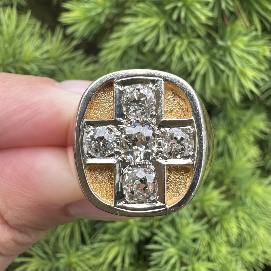 14k Yellow Gold Cross Signet Ring with 5 Old Mine Cut Diamonds (1 of 17)