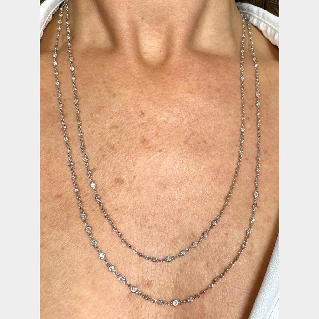Platinum 8.00 Ct Diamond by the Yard Necklace 177 Diamonds: Platinum 8.00 Ct Diamond by the Yard Necklace 177 Diamonds This exquisite Platinum Diamond by the Yard Necklace features a stunning array of 177 European-cut diamonds, with a total weight of approxima