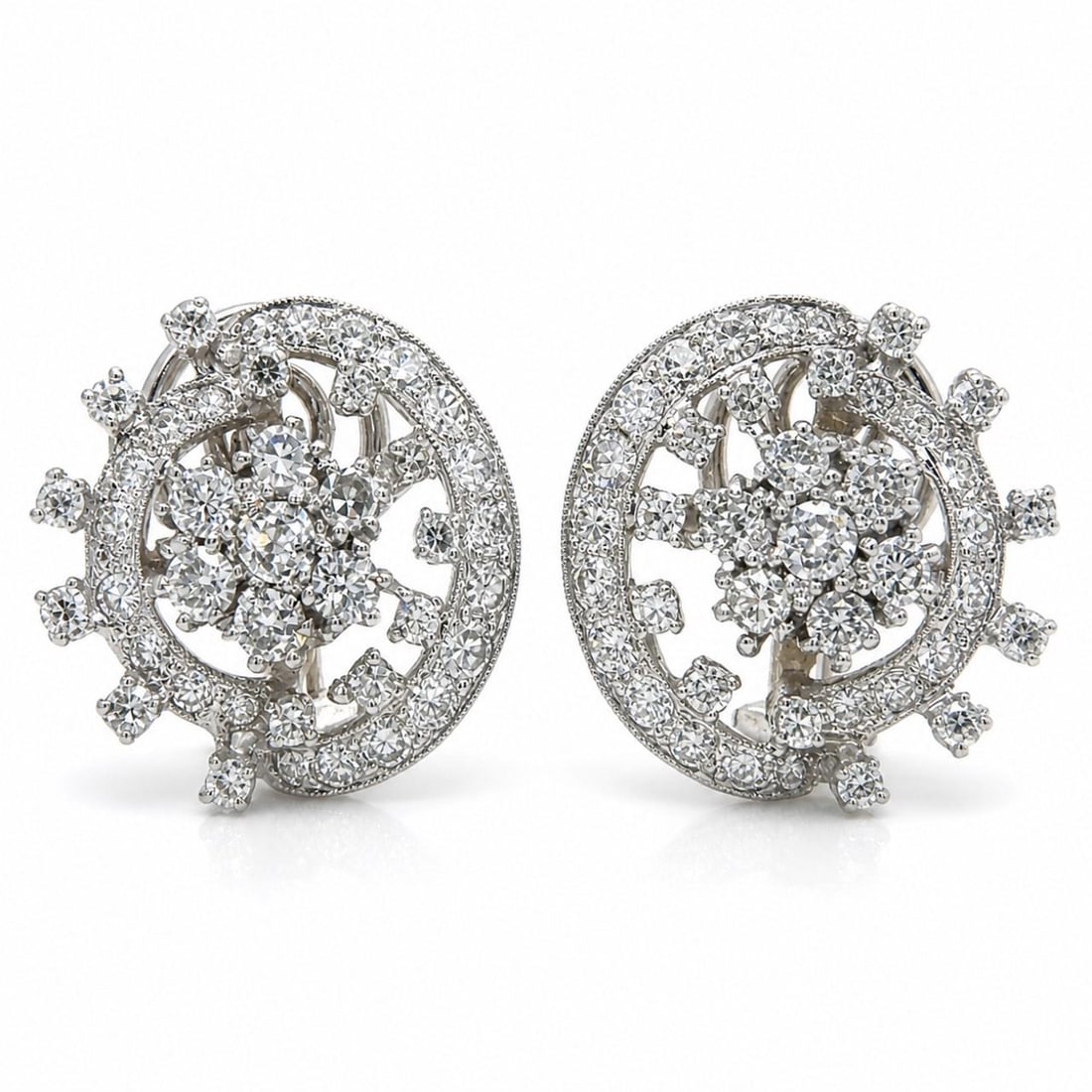 Art Deco Platinum Diamond Earrings 2.70 Ct 78 Stones: Art Deco Platinum Diamond Earrings 2.70 Ct 78 Stones These Art Deco earrings are crafted from platinum and feature a total of approximately 2.70 carats of diamonds. The earrings are set with 78