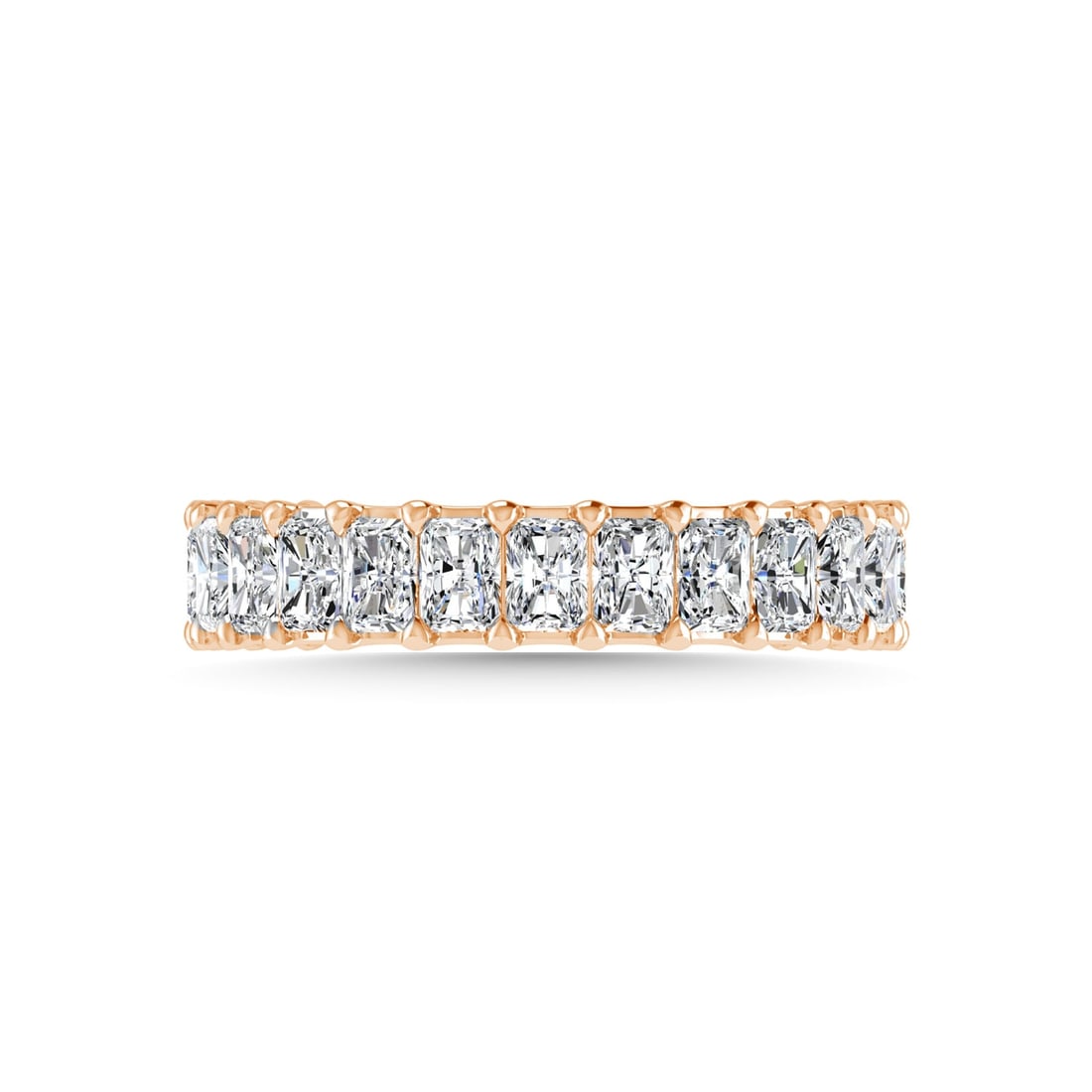 18K Rose Gold 3 3/4 CT Tw. Emerald Shape Diamond Three Forth Eternity Band: 18K Rose Gold 3 3/4 CT Tw. Emerald Shape Diamond Three Forth Eternity Band 18k Rose Gold Stone Color: G-h Stone Clarity: Si Each ring is presented in standard size 6.5. Complimentary resizing is avail
