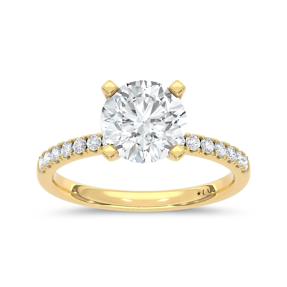 14K Yellow Gold Lab Grown Round Diamond 2 1/4 Ct.Tw. Engagement Ring: 14K Yellow Gold Lab Grown Round Diamond 2 1/4 Ct.Tw. Engagement Ring This elegant diamond engagement ring crafted in 14k Yellow gold, features a Round -cut center stone of 2 ct that creates a stunning