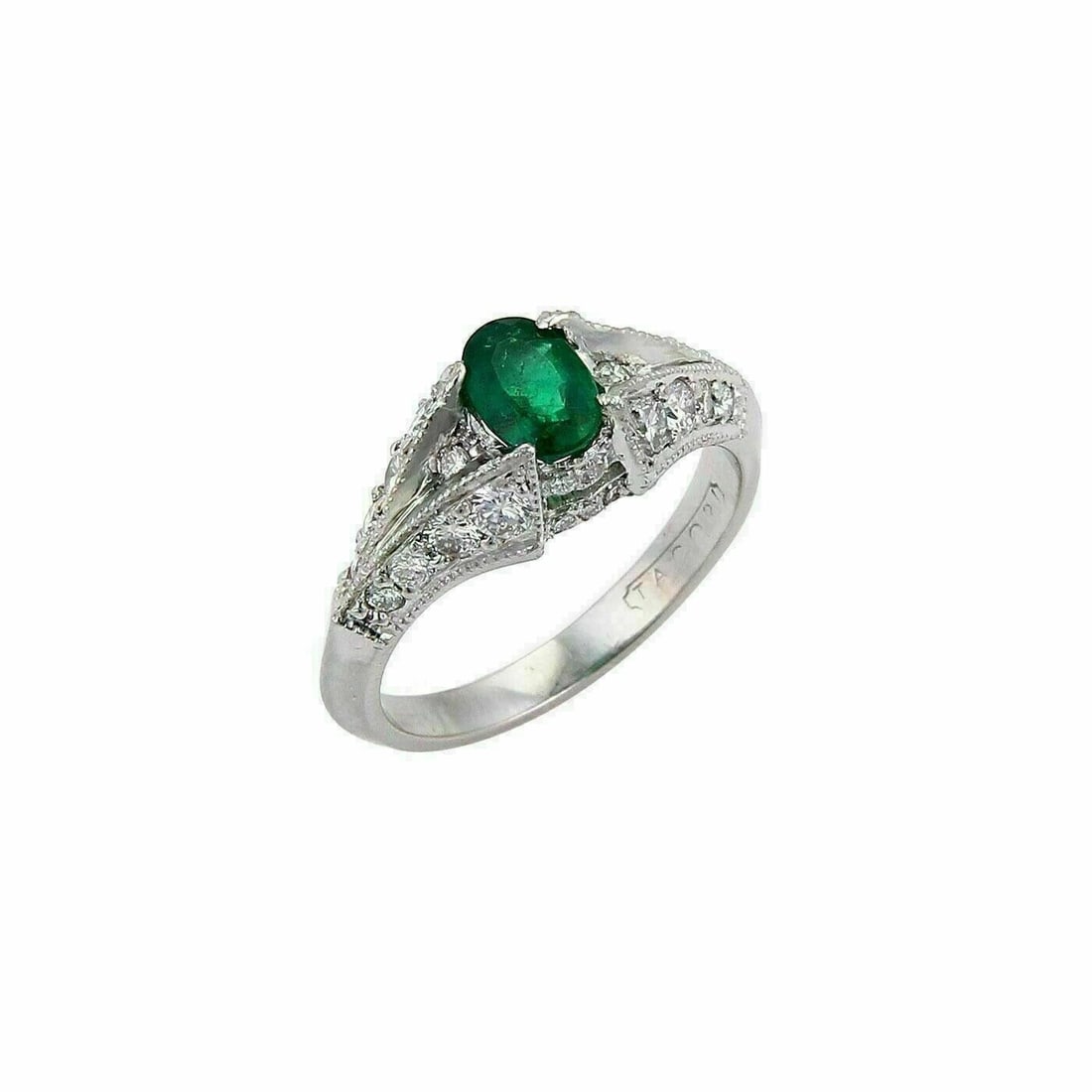 Tacori platinum emerald diamond solitaire ring size 5: Tacori platinum emerald diamond solitaire ring size 5 This authentic Tacori ring is crafted in solid platinum and features a vibrant emerald centerpiece weighing approximately 0.75 carats, accented by