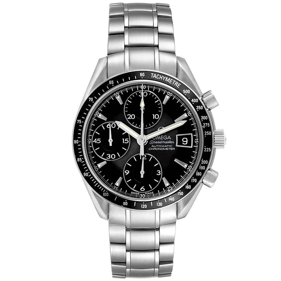 Omega Speedmaster Black Dial Stainless Steel Bracelet Ref 3210.50.00 Card 2013: Omega Speedmaster Black Dial Stainless Steel Bracelet Ref 3210.50.00 Card 2013 This Omega Speed Master features a black dial and is paired with a stainless steel bracelet. The watch has a fixed bezel 