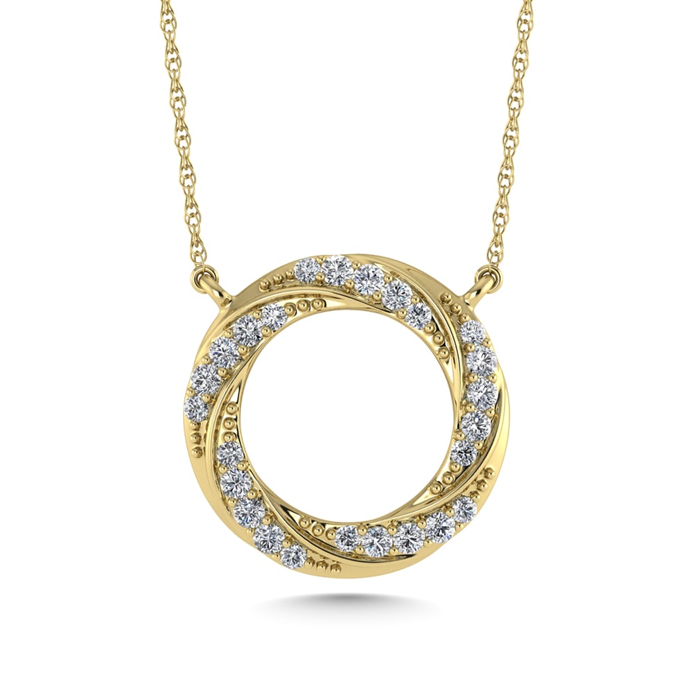 10K Yellow Gold Diamond 1/6 Ct.Tw. Circle Fashion Necklace: 10K Yellow Gold Diamond 1/6 Ct.Tw. Circle Fashion Necklace 10k Yellow Gold Stone Color: G-h Stone Clarity: I1 Unless otherwise specified, pendants that include a chain are paired with our standard 18-