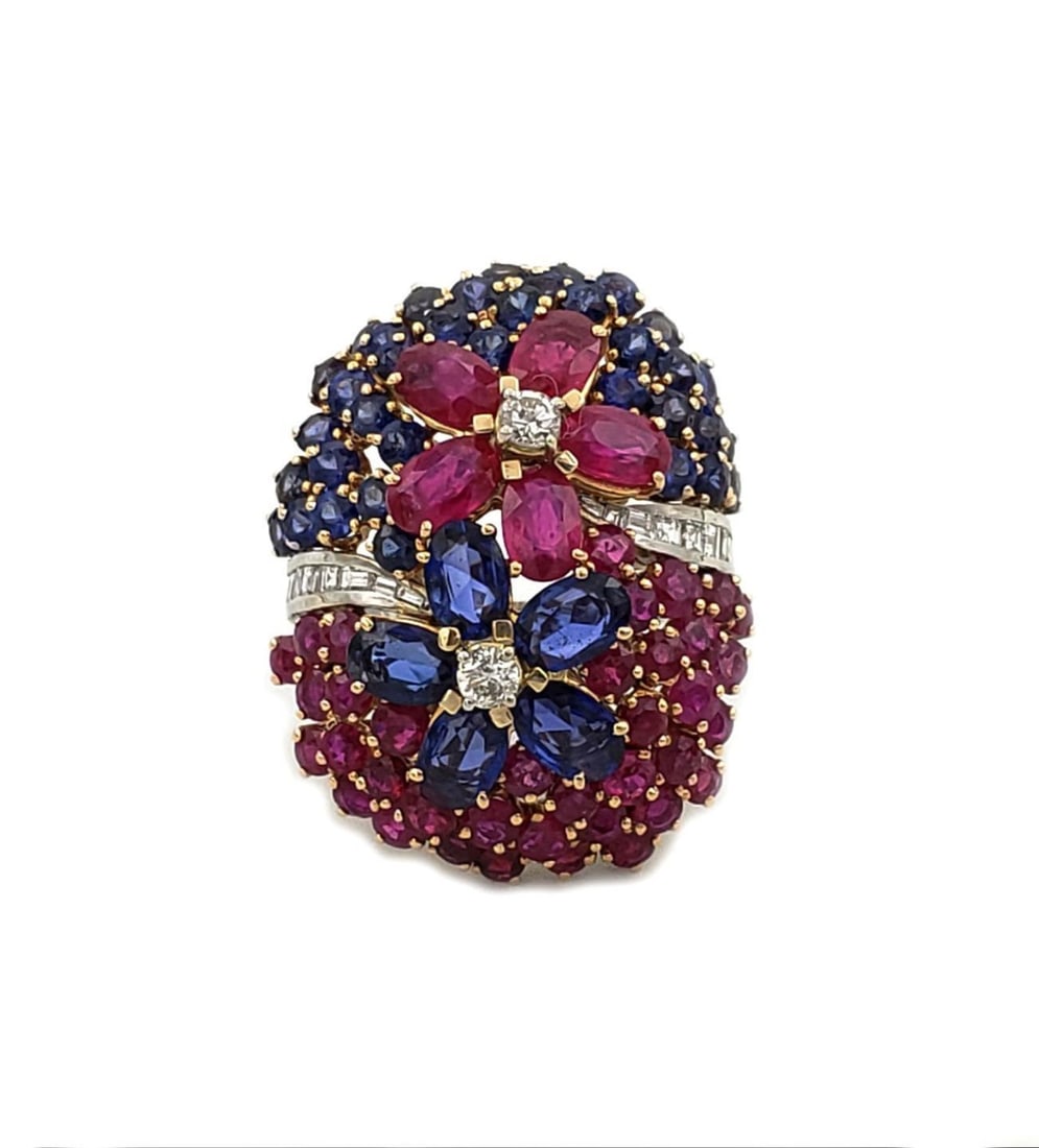 14k White Gold Floral Long Dome Ring with 13ct Ruby Sapphire and Diamonds: 14k White Gold Floral Long Dome Ring with 13ct Ruby Sapphire and Diamonds This stunning dome top ring is expertly crafted from 14k white gold, showcasing a unique long-shaped dome design. The dome fea