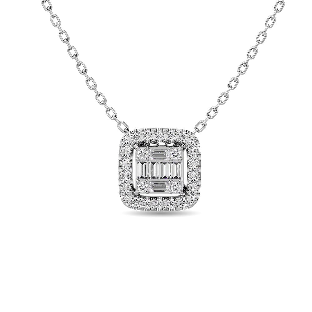 Diamond 1/4 Ct.Tw. Round and Baguette Fashion Pendant in 14K White Gold: Diamond 1/4 Ct.Tw. Round and Baguette Fashion Pendant in 14K White Gold 14k White Gold Stone Color: G-h Stone Clarity: Si2 Unless otherwise specified, pendants that include a chain are paired with our