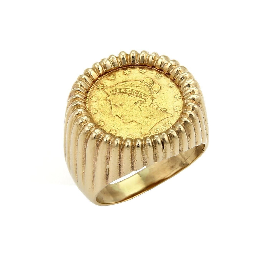 Vintage Liberty Coin Ring 14k Yellow Gold Fluted Band Size 9.5: Vintage Liberty Coin Ring 14k Yellow Gold Fluted Band Size 9.5 This vintage estate ring features a genuine 22k Liberty gold coin set in a solid 14k yellow gold fluted band. The elegant fluted design a