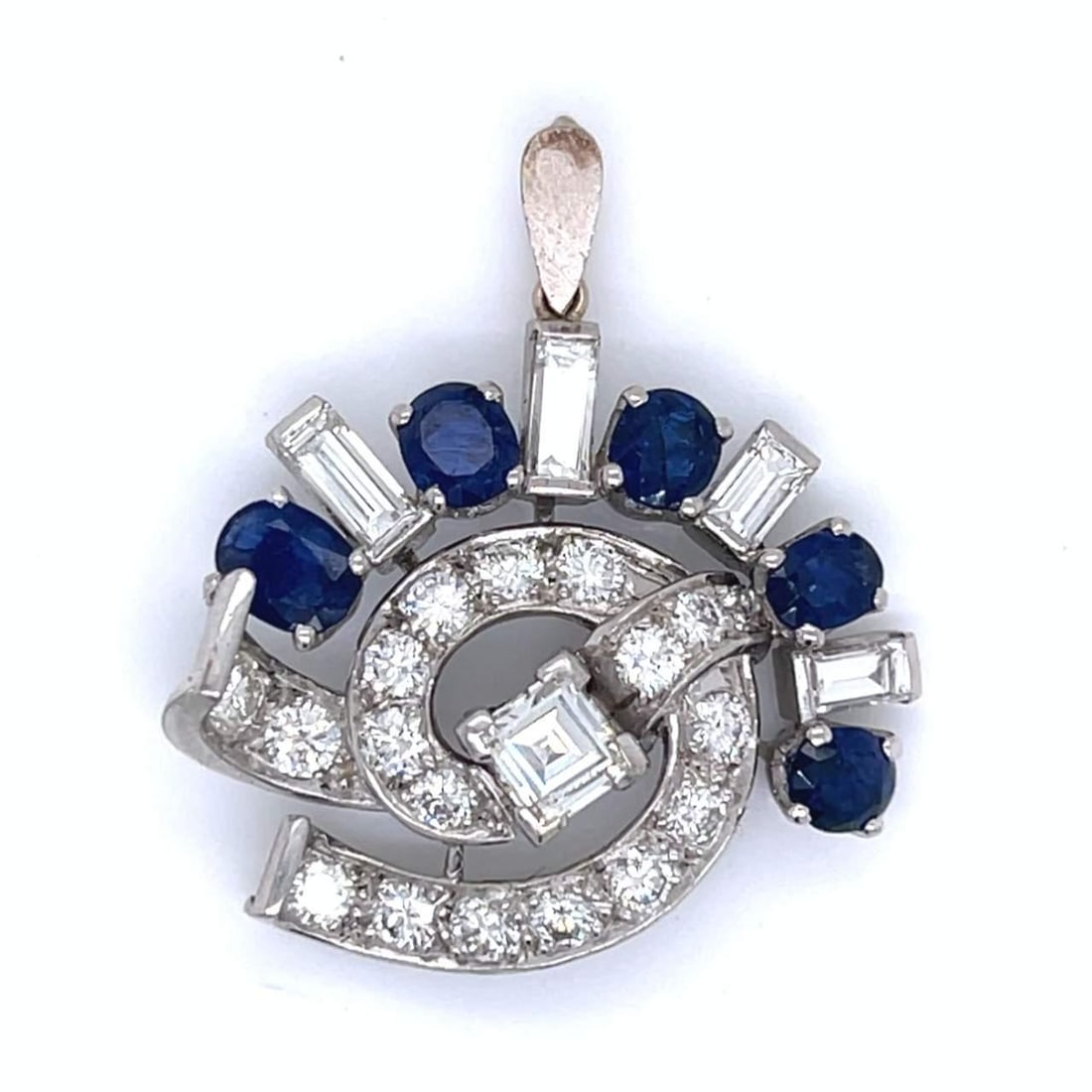 Art Deco Platinum Pendant with Asscher Diamond and Sapphires: Art Deco Platinum Pendant with Asscher Diamond and Sapphires This exquisite Art Deco pendant is crafted in platinum and features a stunning array of gemstones. At its center lies an approximately 0.60