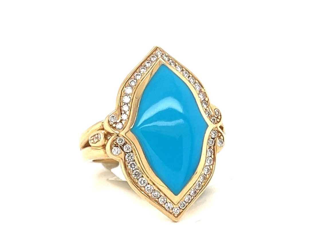 Kabana floral turquoise diamond 14k yellow gold ring size 7.5: Kabana floral turquoise diamond 14k yellow gold ring size 7.5 This authentic Kabana ring features a sculpted floral motif crafted in 14k yellow gold. The centerpiece is a vibrant turquoise gemstone, b