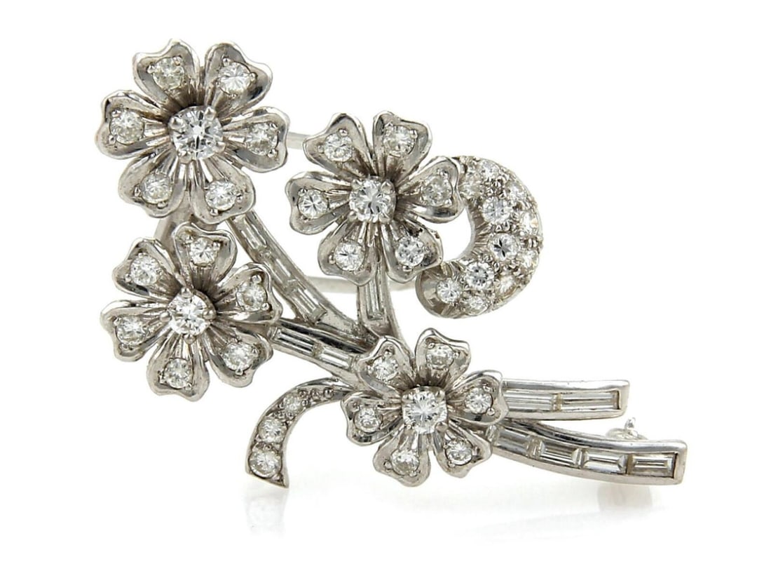 Vintage Platinum Floral Diamond Brooch with Spinning Mechanism (1 of 5)