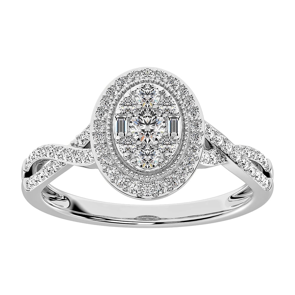 14K White Gold 1/2 Ct.Tw. Diamond Round and Baguette Oval Shape Engagement Ring: 14K White Gold 1/2 Ct.Tw. Diamond Round and Baguette Oval Shape Engagement Ring 14k White Gold Stone Color: G-h Stone Clarity: I1 Each ring is presented in standard size 6.5. Complimentary resizing is