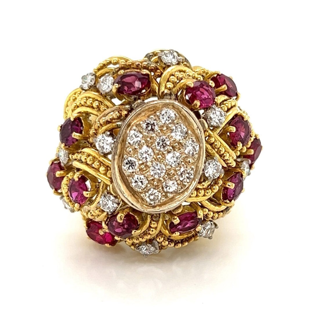 Jack Gutschneider 18k Yellow Gold Ruby Diamond Dome Ring Size 7: Jack Gutschneider 18k Yellow Gold Ruby Diamond Dome Ring Size 7 This statement ring by Jack Gutschneider is expertly crafted from solid 18k yellow gold and features a sculptural dome design with layer