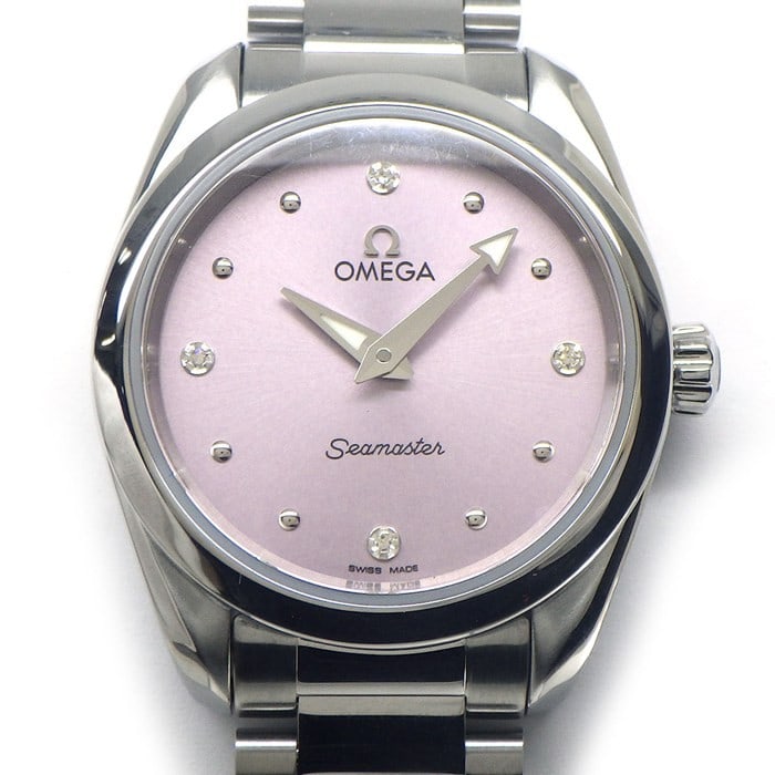 Omega Aqua Terra Pink Diamond Quartz Women's Watch: Omega Aqua Terra Pink Diamond Quartz Women's Watch This Omega Seamaster Aqua Terra wristwatch is designed for women and features a pink dial accented with diamond markers. Powered by a quartz movement