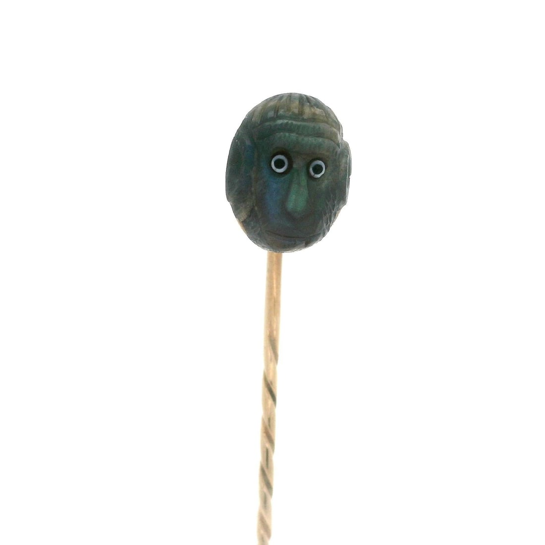 Antique Victorian 9k Yellow Gold Enamel Monkey Labradorite Stick Pin: Antique Victorian 9k Yellow Gold Enamel Monkey Labradorite Stick Pin This exquisite Antique Victorian stick pin features a carved monkey face made from natural genuine labradorite, showcasing a captiv