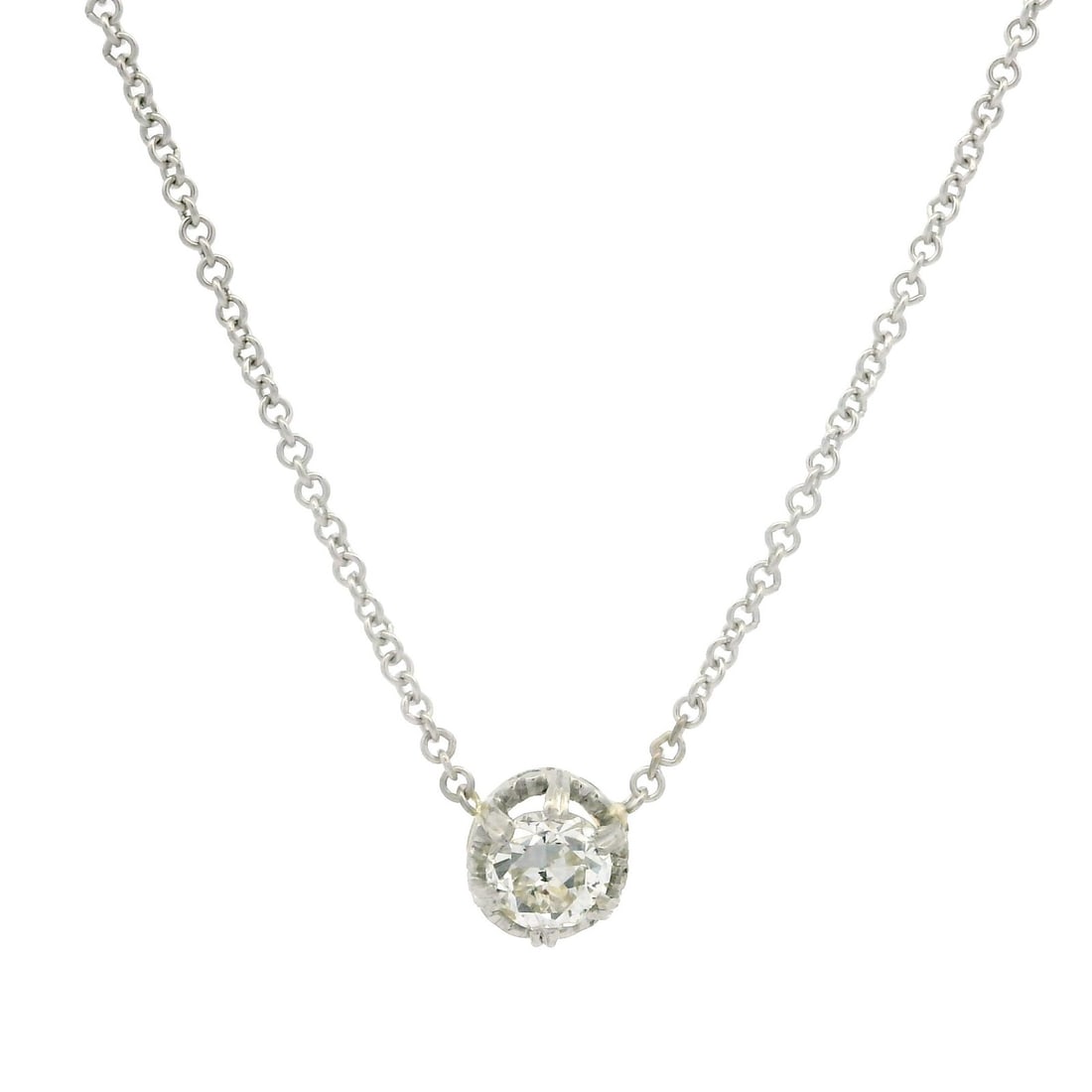 Antique 14k Gold Platinum 0.20ct Diamond Pendant Necklace: Antique 14k Gold Platinum 0.20ct Diamond Pendant Necklace This exquisite antique pendant necklace features a stunning 0.20 ct natural diamond, elegantly displayed in an old European cut and prong set 