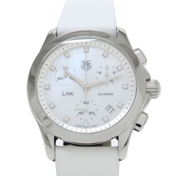 TAG Heuer Link 33mm Women's Quartz Chronograph Watch CJF1312: TAG Heuer Link 33mm Women's Quartz Chronograph Watch CJF1312 This TAG Heuer Link 33mm CJF1312 women's wristwatch features a stainless steel case with a sporty yet feminine white shell dial adorned wit