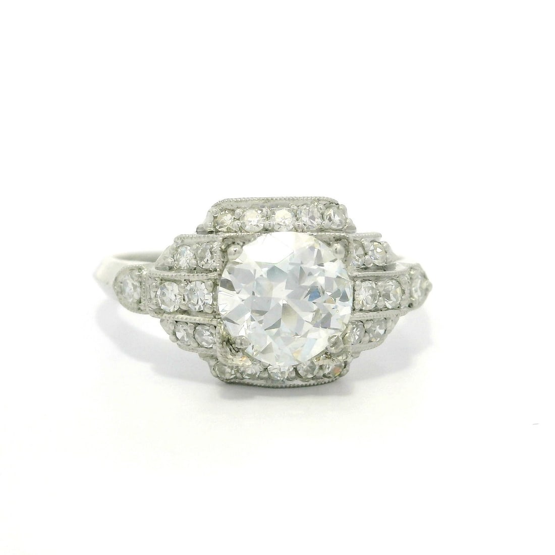 Antique Art Deco Platinum Ring GIA 1.18ct Round Diamond Stack Look: Antique Art Deco Platinum Ring GIA 1.18ct Round Diamond Stack Look This exquisite Antique Art Deco ring showcases a stunning 1.18ct total diamond weight, featuring a natural old round cut diamond prom
