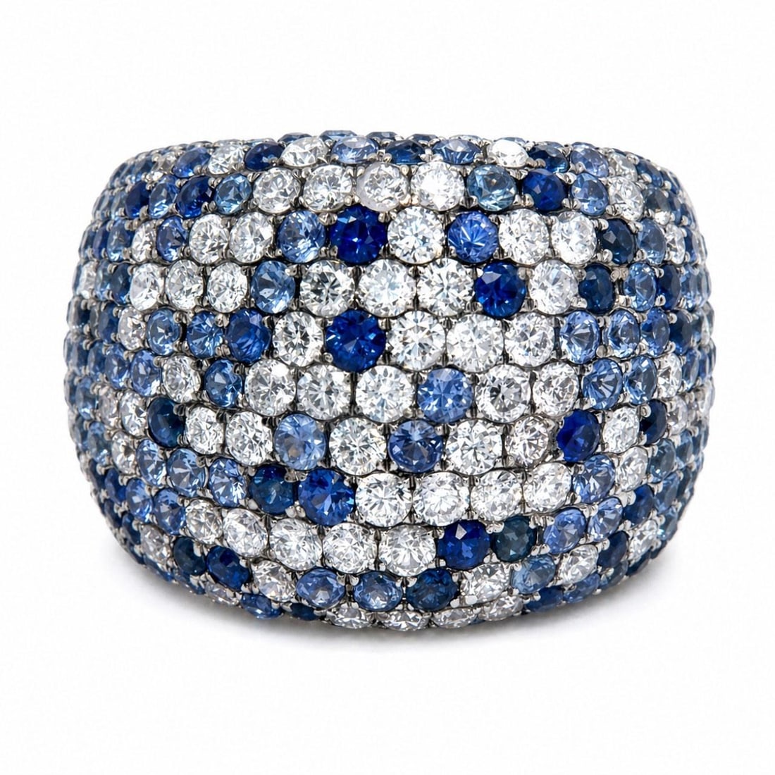 Sapphire and Diamond Ring in 18K White Gold Size 8: Sapphire and Diamond Ring in 18K White Gold Size 8 This 18K white gold ring features approximately 5.00 carats of sapphires and is set with 79 diamonds totaling about 2.40 carats, with G-I color and V