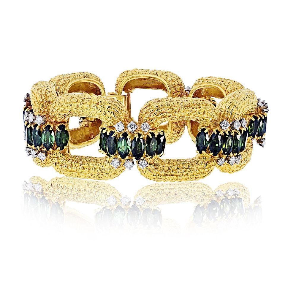 1970s 18K Gold Link Bracelet With Green Tourmaline And Diamonds By La Triomphe (1 of 7)