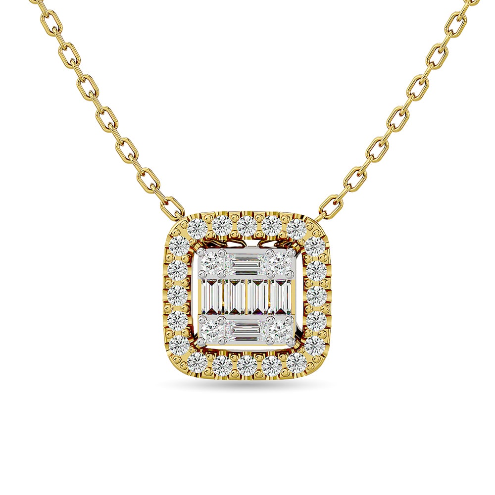 Diamond 1/4 Ct.Tw. Round and Baguette Fashion Pendant in 14K Yellow Gold: Diamond 1/4 Ct.Tw. Round and Baguette Fashion Pendant in 14K Yellow Gold 14k Yellow Gold Stone Color: G-h Stone Clarity: Si2 Unless otherwise specified, pendants that include a chain are paired with o