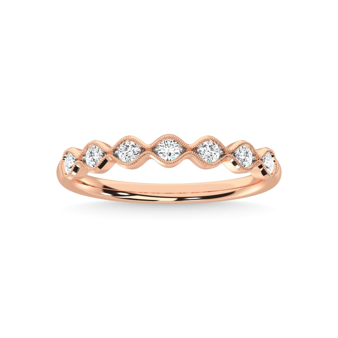 14K Rose Gold Diamond 1/4 Ct.Tw. Stackable Band: 14K Rose Gold Diamond 1/4 Ct.Tw. Stackable Band 14k Rose Gold Stone Color: G-h Stone Clarity: Si3 Each ring is presented in standard size 6.5. Complimentary resizing is available between sizes 510 (in