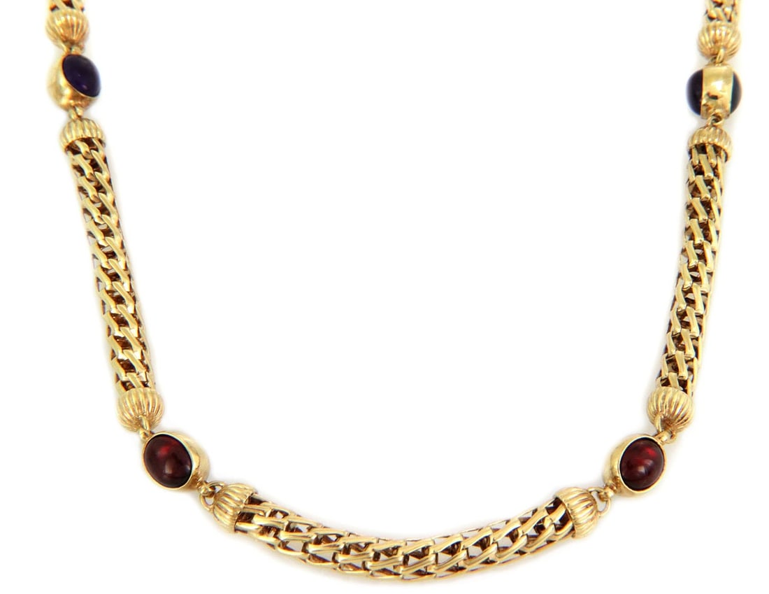 Estate 14k Yellow Gold Flex Link Necklace with Amethyst Garnet 29.5": Estate 14k Yellow Gold Flex Link Necklace with Amethyst Garnet 29.5" This exquisite Estate necklace features a stunning design crafted from 14k yellow gold with a polished finish. It showcases an open