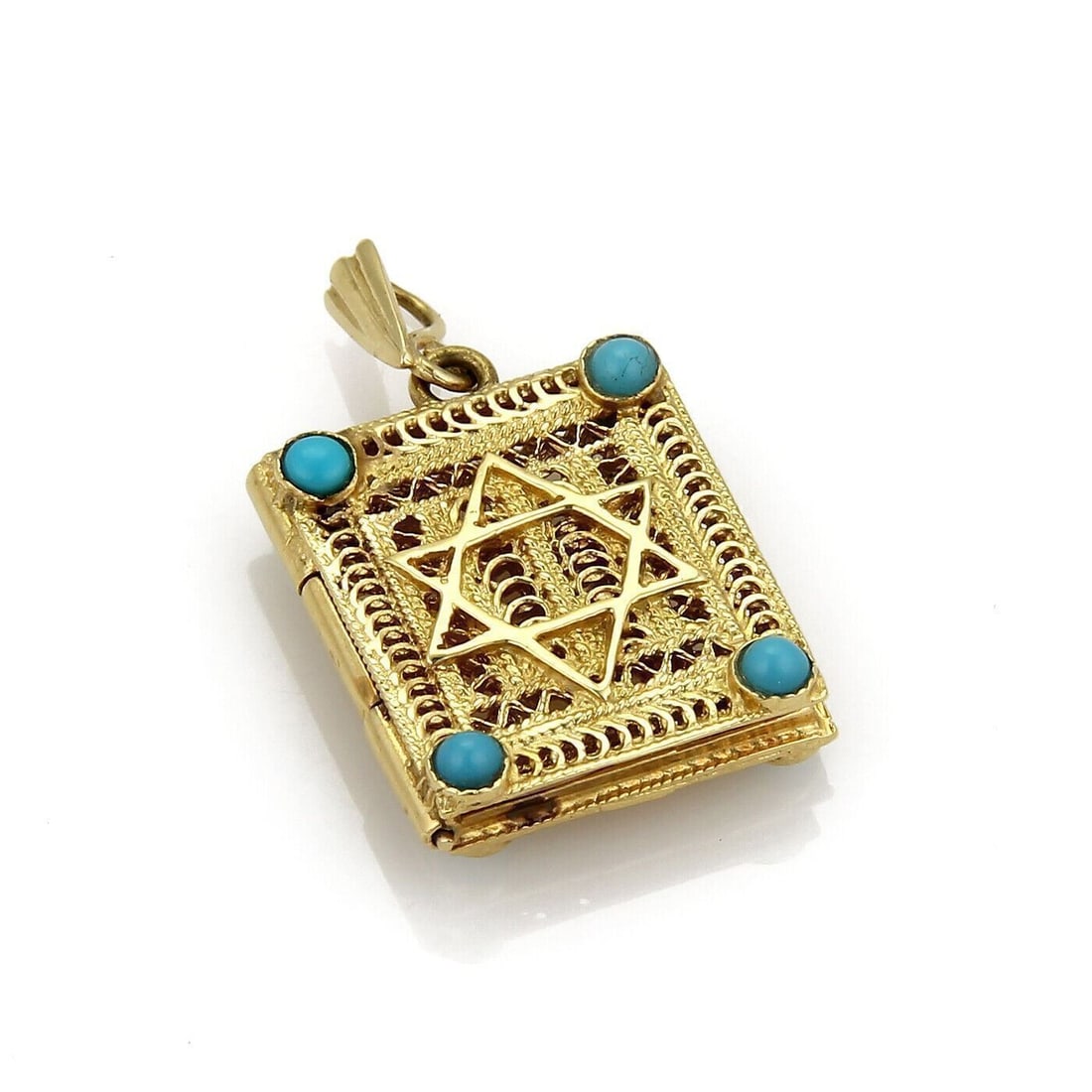 14k Yellow Gold Turquoise Filigree Holy Book Pendant Charm: 14k Yellow Gold Turquoise Filigree Holy Book Pendant Charm This vintage charm pendant features a Jewish holy book motif crafted in 14k yellow gold, adorned with intricate openwork filigree detailing a