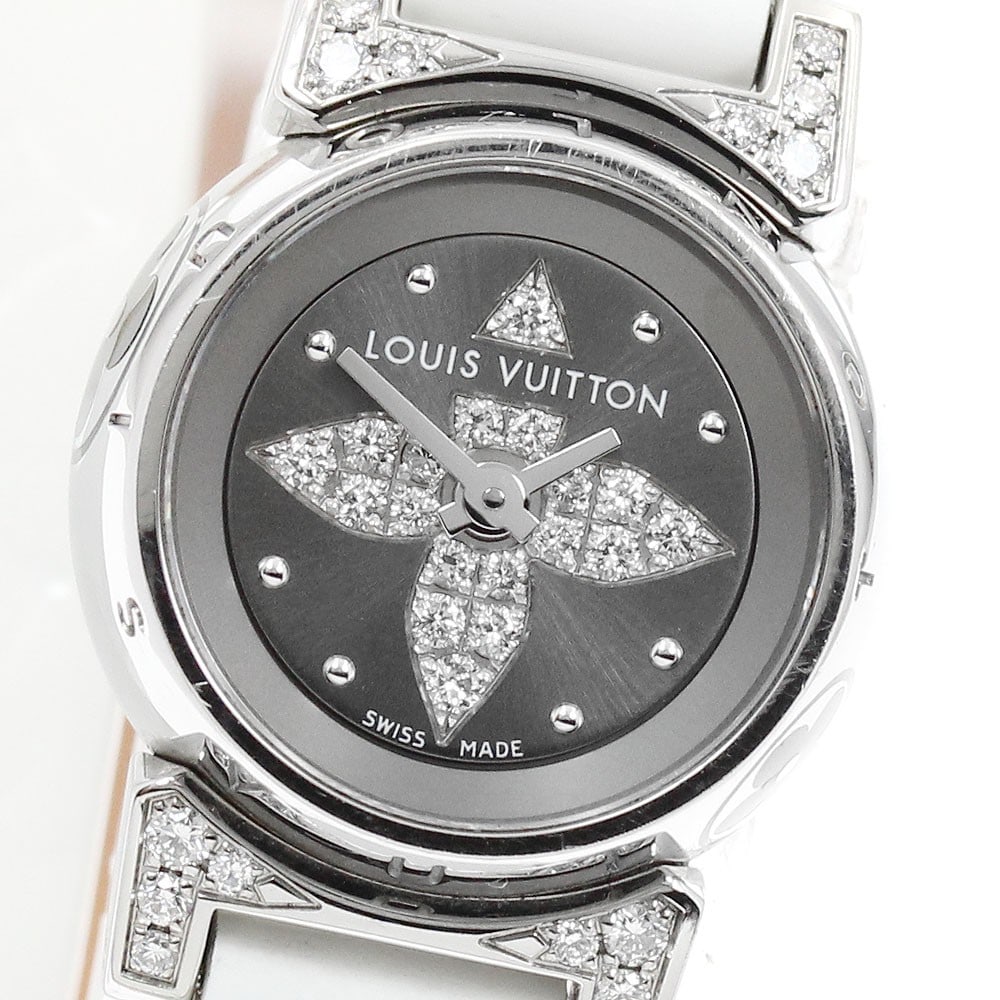 Louis Vuitton Tambour Bijou quartz ladies wristwatch Q151K: Louis Vuitton Tambour Bijou quartz ladies wristwatch Q151K This pre-owned Louis Vuitton Tambour Bijou women's wristwatch features a stainless steel case with a gray dial and diamond accents. The watch