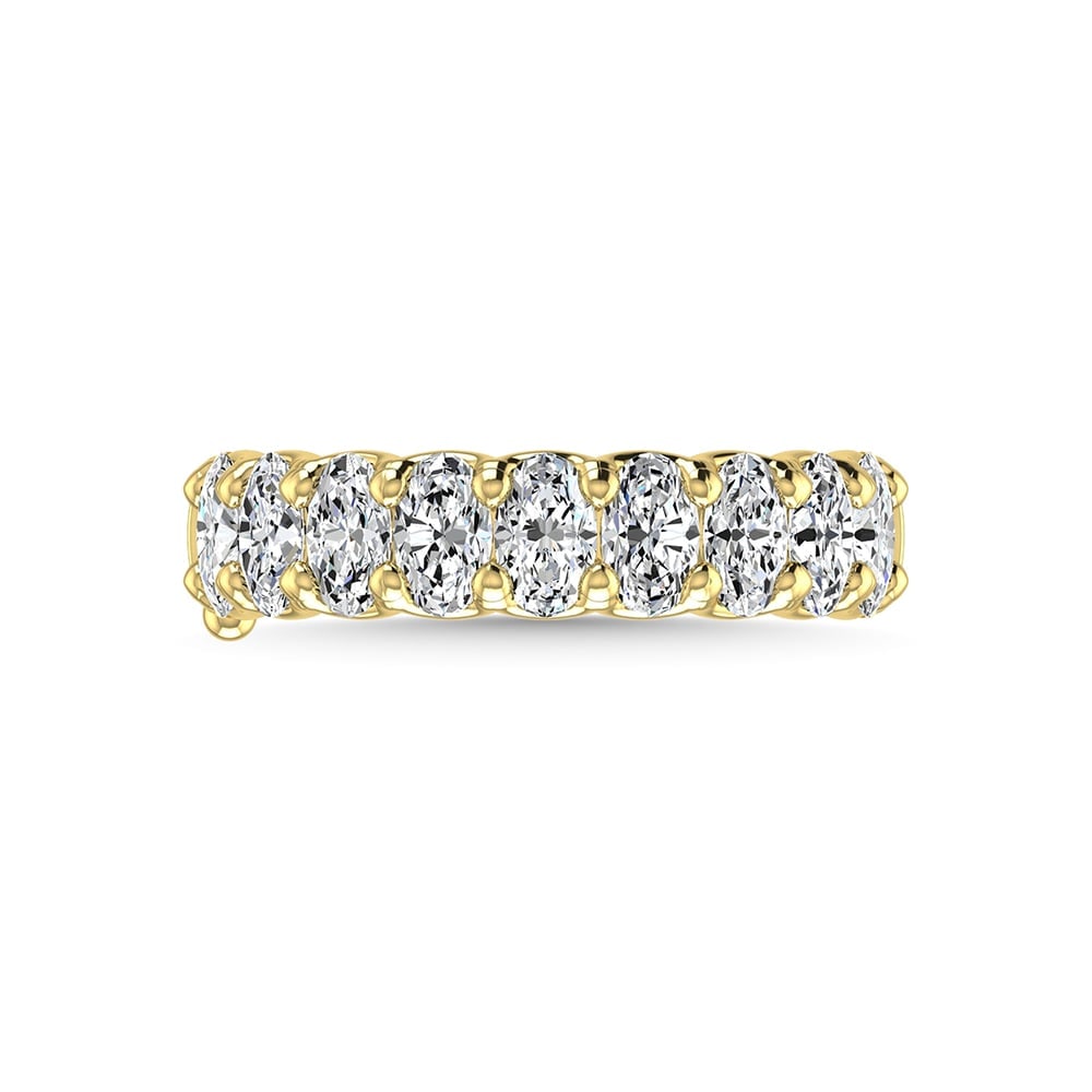 18K Yellow Gold 2 1/4 Ct.Tw. Oval Shape Diamond Half Way Eternity Band: 18K Yellow Gold 2 1/4 Ct.Tw. Oval Shape Diamond Half Way Eternity Band 18k Yellow Gold Stone Color: G-h Stone Clarity: Si Each ring is presented in standard size 6.5. Complimentary resizing is