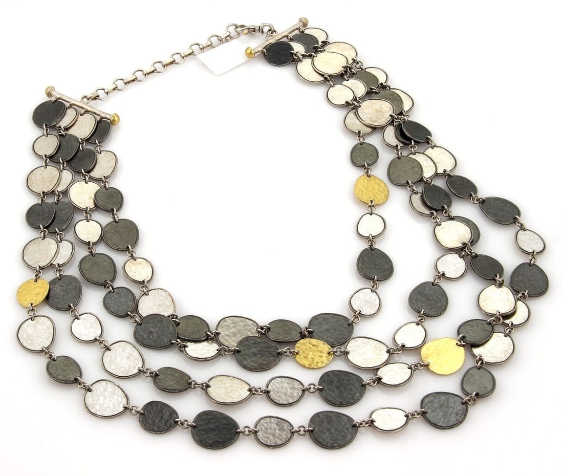 Gurhan Contour Sterling Silver 24k Gold Inlay Multi Strand Disc Necklace: Gurhan Contour Sterling Silver 24k Gold Inlay Multi Strand Disc Necklace This Gurhan Contour necklace features a sophisticated multi-strand disc design, expertly crafted in sterling silver with luxuri