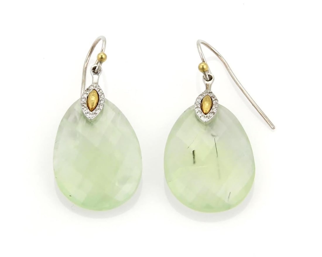 Gurhan Nokta Discus Sterling Silver Earrings with Green Quartz and Diamonds: Gurhan Nokta Discus Sterling Silver Earrings with Green Quartz and Diamonds These Gurhan Nokta Discus earrings are crafted in sterling silver with 24k gold accents, featuring luminous green quartz dro