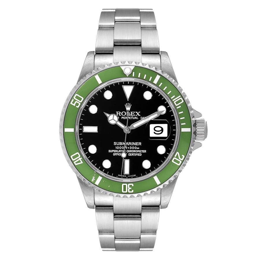 Rolex Submariner Kermit 16610LV Black Dial Oyster Bracelet with Card 2007: Rolex Submariner Kermit 16610LV Black Dial Oyster Bracelet with Card 2007 This is a men's Rolex Submariner Kermit, featuring a black dial, green aluminum bezel, and Oyster bracelet. The watch is from 