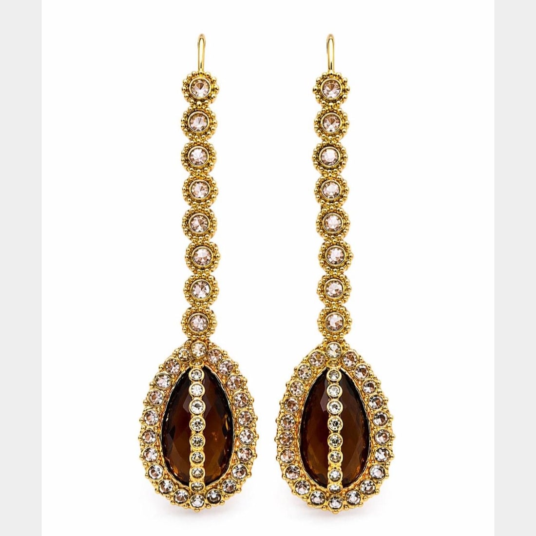 Smokey Quartz and Diamond Drop Earrings in 18K Yellow Gold: Smokey Quartz and Diamond Drop Earrings in 18K Yellow Gold These earrings are crafted in 18K yellow gold and feature two smoky quartz gemstones with a combined weight of approximately 15.00 carats. Th