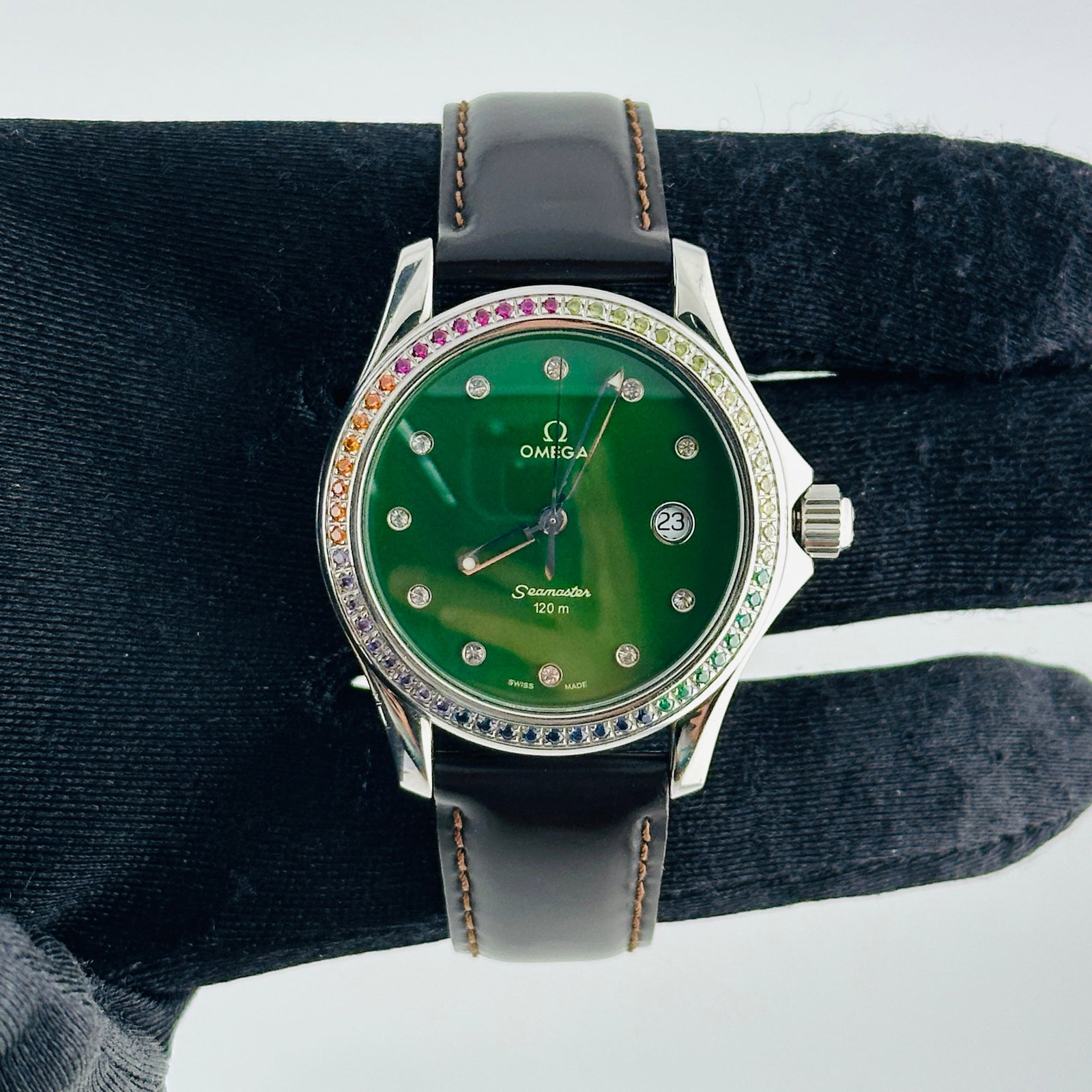 Seamaster 120 Aftermarket Green Dial Watch With Diamond Markers Leather Strap OG Buckle: Seamaster 120 Aftermarket Green Dial Watch With Diamond Markers Leather Strap OG Buckle This Omega Seamaster 120 features an aftermarket green Redan dial adorned with diamonds, complemented by an afte